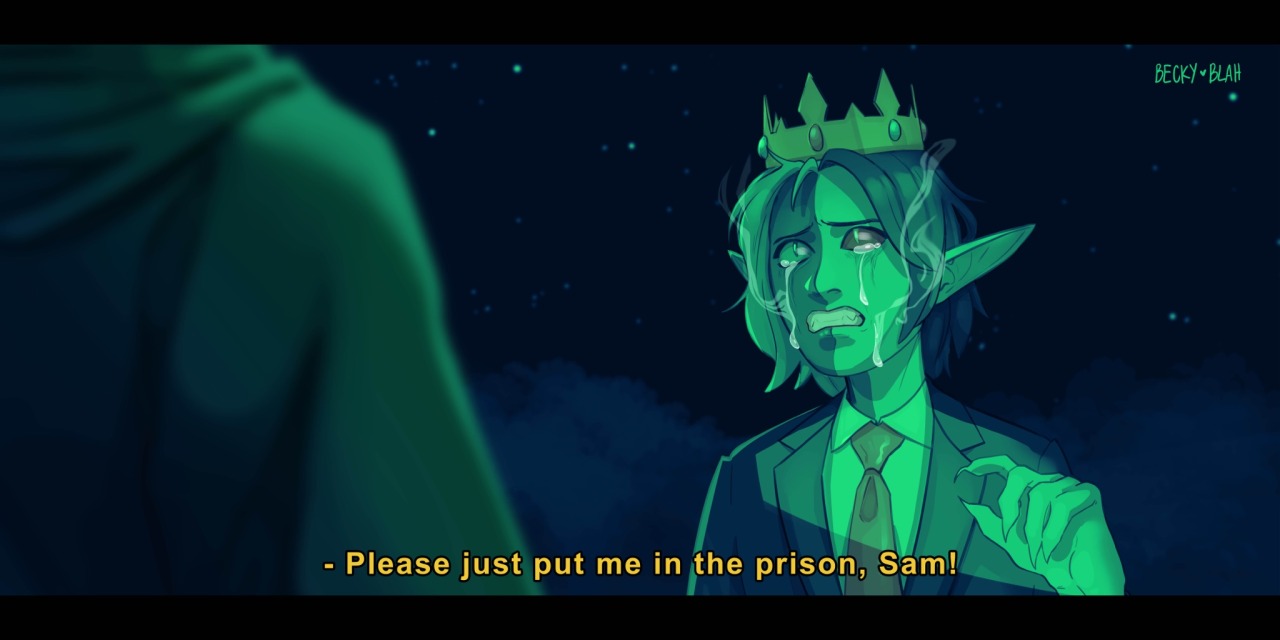 A drawing of a fake screenshot from an anime. Ranboo is talking to Sam at night with tears streaming down his face. Yellow text on the bottom of the drawing mimicking subtitles read '- Please just put me in the prison, Sam!'